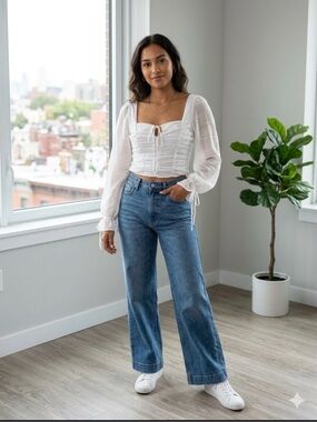 Square-Neck Smocked Tie-Front Blouse in White